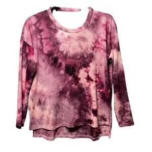 Derek Heart Tie Dye Cutout Neck Long Sleeve Shirt Top Pink Purple M